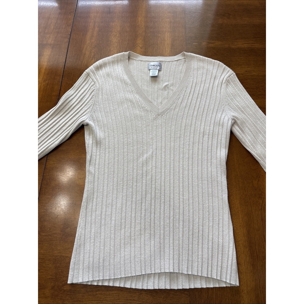 Chico's size 0‎ Small gold shimmery v-neck Holiday long sleeve sweater women's